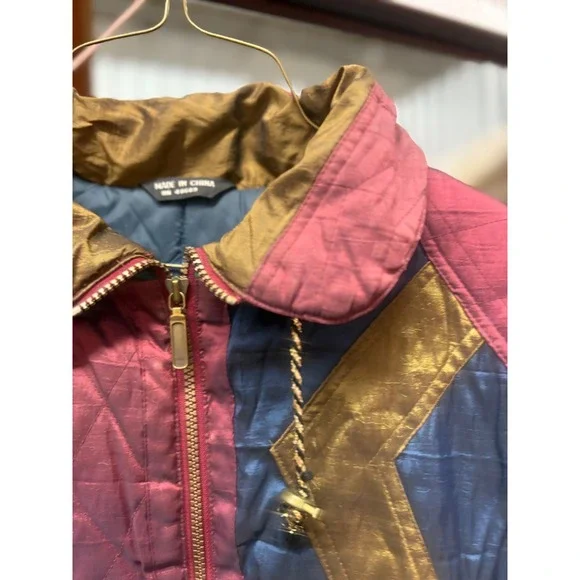 Vintage 80s groovy Bomber Jacket Metallic Teal Pink Gold Women's Size Large - Picture 3 of 12